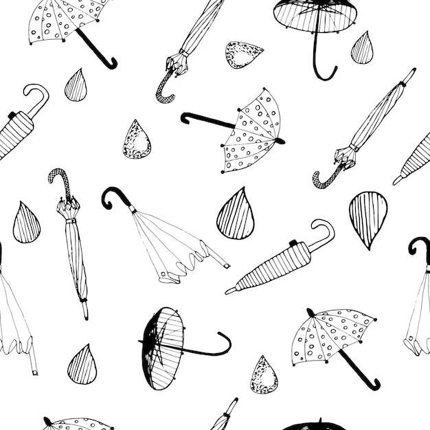 Pattern of doodle sketch umbrellas and drobs