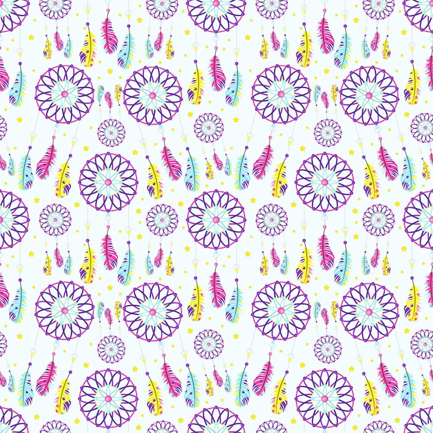 Pattern of dream catchers with feathers in boho style. vector illustration.