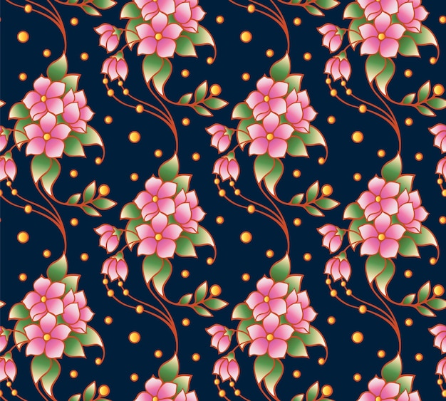 Pattern of a flower of a Japanese cherry on a blue background Decorative floral oriental style