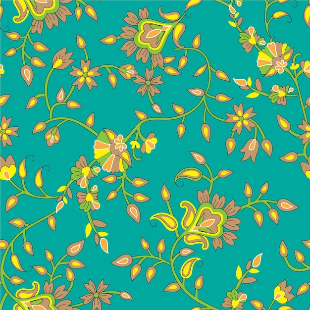 A pattern of flowers and leaves on a blue background