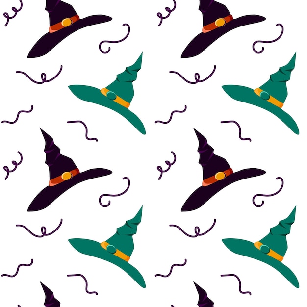 Pattern of flying witch hats Halloween Hand drawn illustration Repeat background for wallpaper