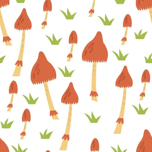 Pattern forest mushrooms toadstools Nature doodle hand drawn flat cartoon background nursery vector digital paper textile fabric wallpaper