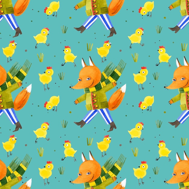 Pattern fox feeding the chickens