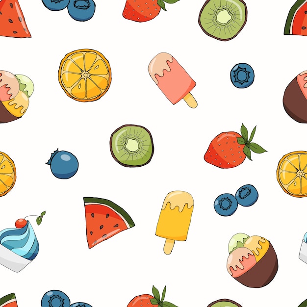 A pattern of fruit and icecream on white background Vector illustration by hand draw