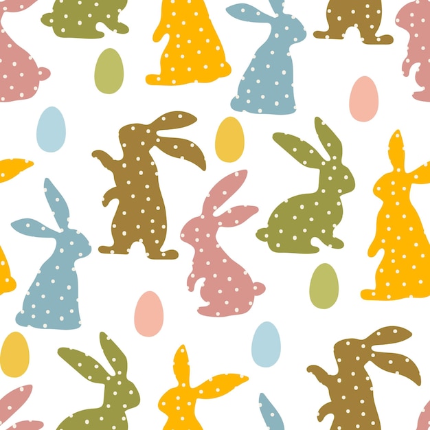 A pattern of gray Easter bunnies and colored Easter eggs Different bunnies for kids Rabbit or hare