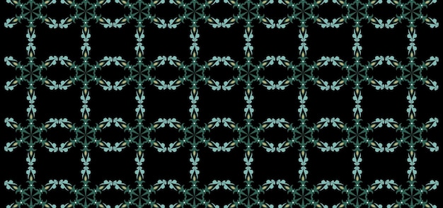 The pattern of the green and blue flowers on a black background.