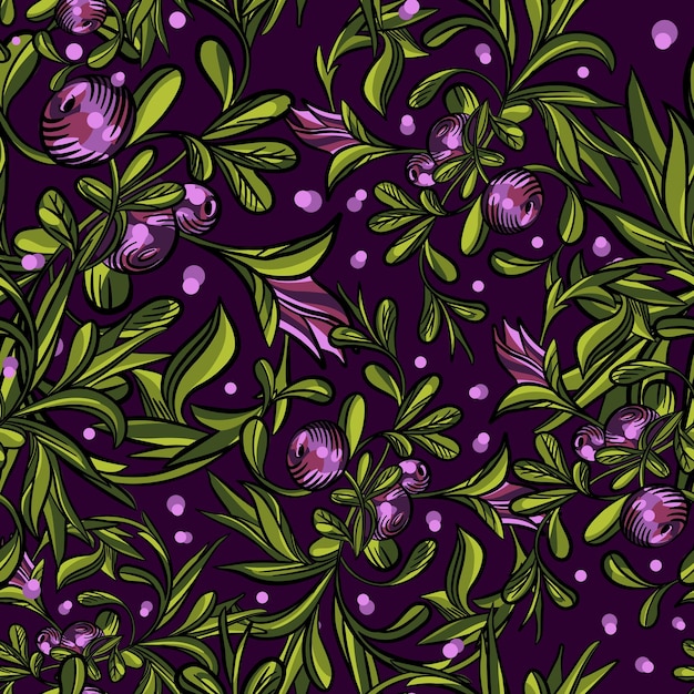 Pattern of green leaves and purple berries on a dark background