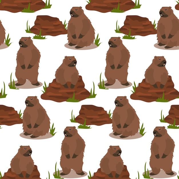 A pattern of groundhogs for groundhog Day with a burrow from which he got out a harbinger of spring