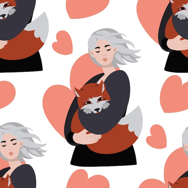 pattern is a blonde girl with a fox in her hands on a white background with heart girl with animals