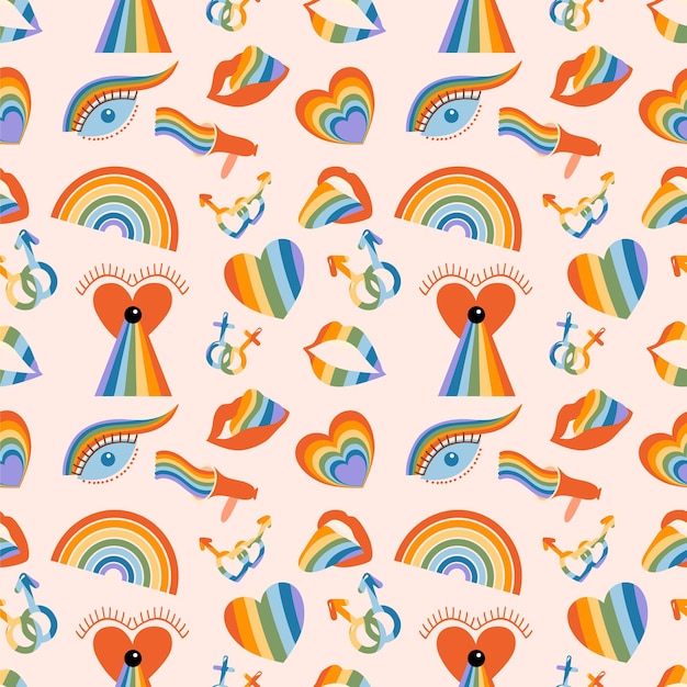 Pattern for LGBTQ community symbols retro pride month vibes with rainbow clipart elements