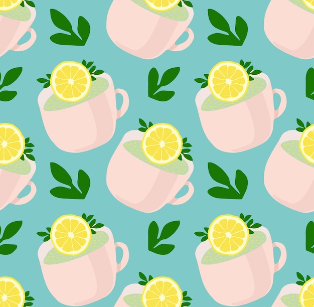 Pattern of lovely tea mugs with lemon and green leaves Refreshing tea Vector background