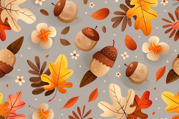 Vector pattern of muted leaves acorns flowers