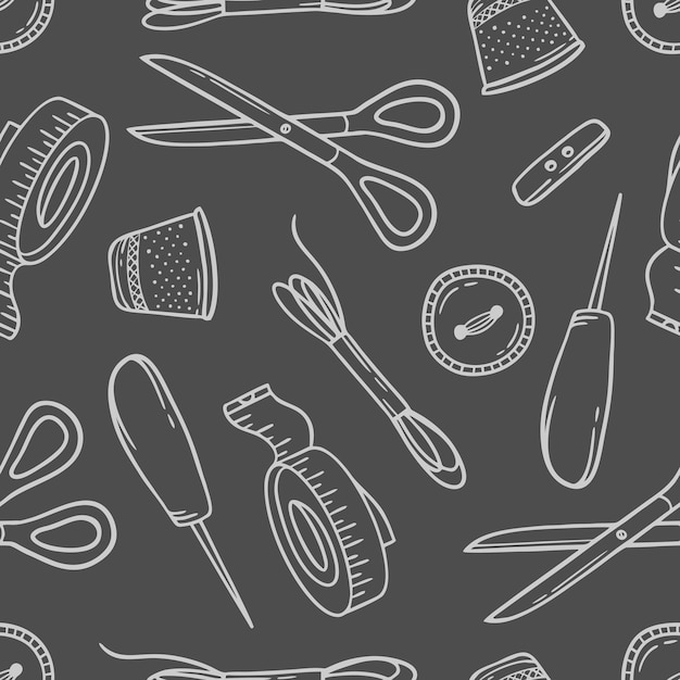 Pattern needlework sewing knitting white doodle on gray background Vector illustration in doodle