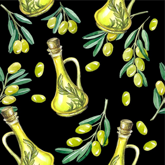 Pattern olives olive oil products food watercolor