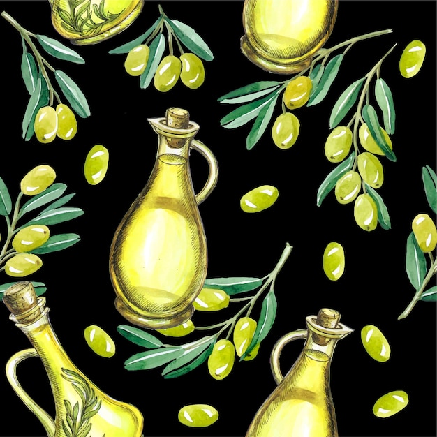 Pattern olives olive oil products food watercolor