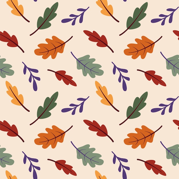 Pattern of orange green and yellow autumn oak leaves in cartoon flat style on a beige background