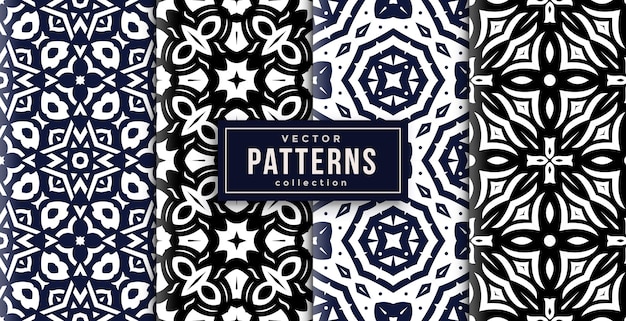 Pattern ornament style black, blue and white set of four. seamless background