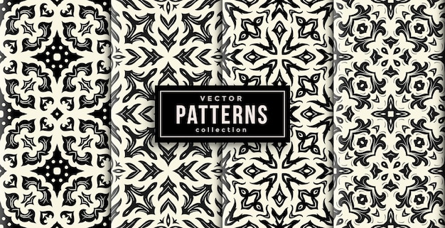 Pattern ornament style black and white colors set of four. seamless background set