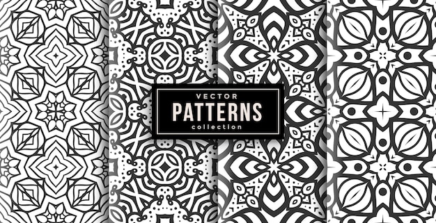 Pattern ornament style black and white set of four. seamless background set