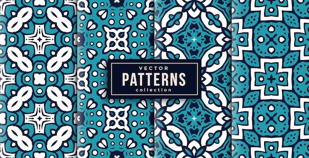 Pattern ornament style cool colors set of four. seamless background set