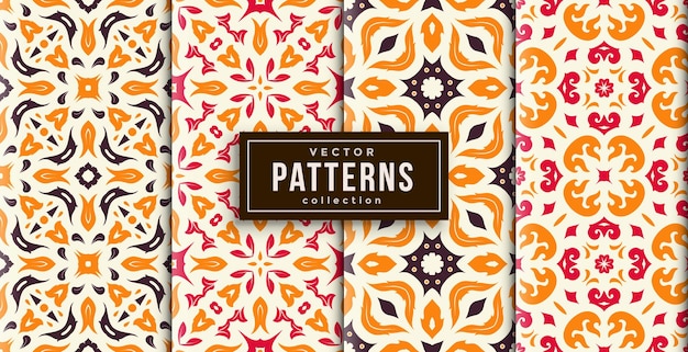 Pattern ornament style orange colors set of four. seamless background set