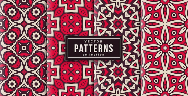 Pattern ornament style red and white set of four. seamless background set