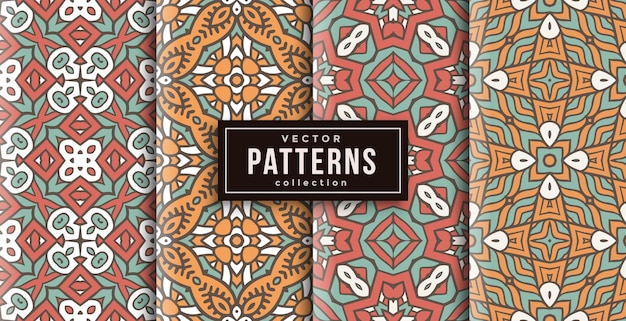 Pattern ornament style warm colors set of four. seamless background set