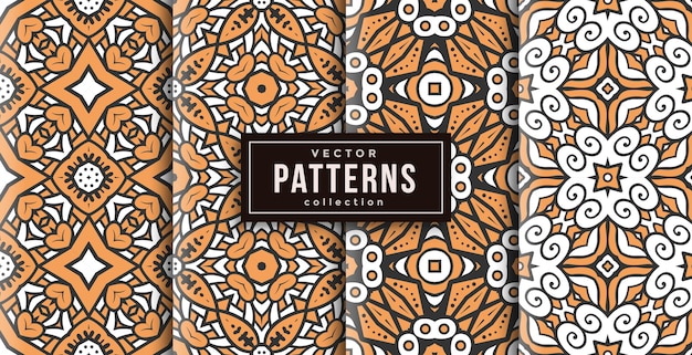 Pattern ornament style warm colors set of four. seamless background set