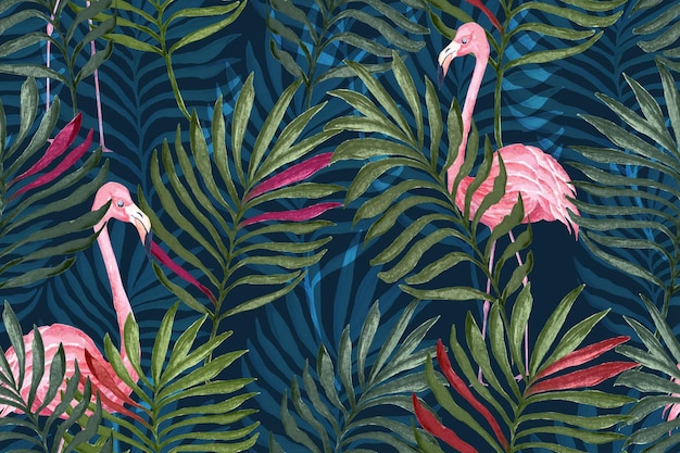 Pattern palm leaf and flamingo for fabric and wallpaper.Tropical botany background.