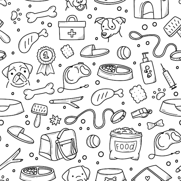 Pattern of pet products elements drawn in handstyle doodle