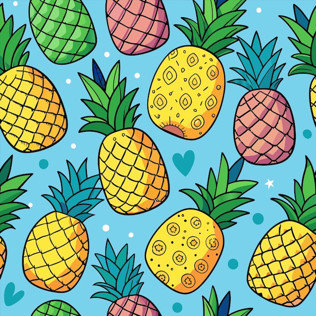 Vector a pattern of pineapples with green leaves and hearts