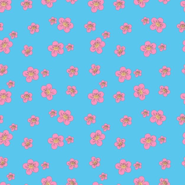 Pattern pink spring flowers on blue background