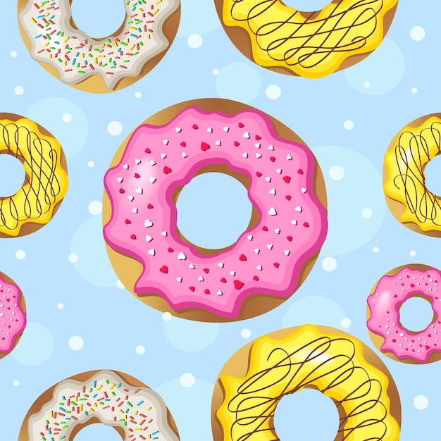 Pattern of pink yellow and white donuts On a blue background with polka dots