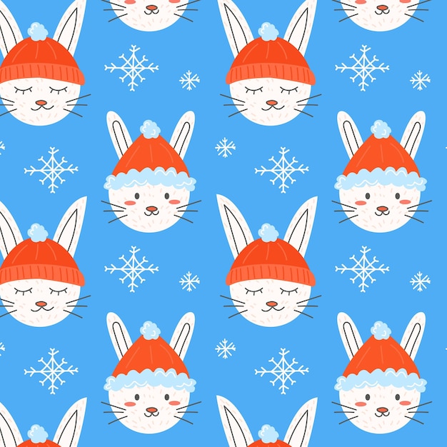 Pattern rabbits in Christmas hats and snowflakes