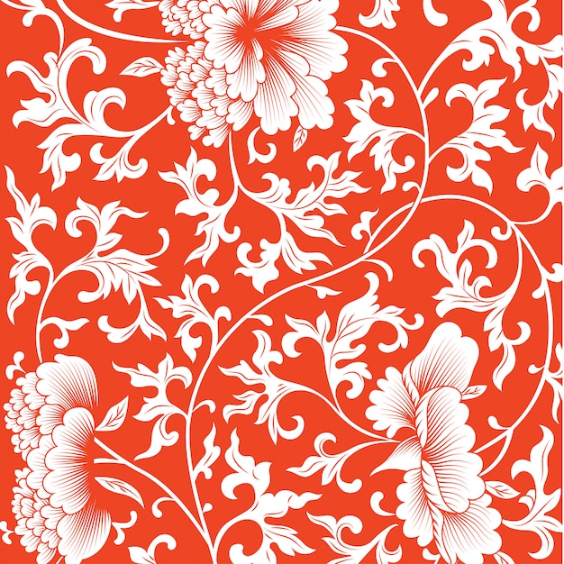 Pattern on red background with chinese flowers. 