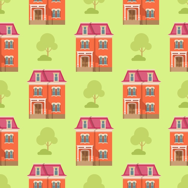 Pattern red house on a background of green grass Vector illustration