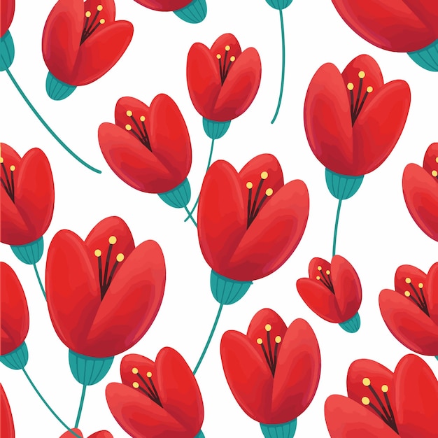 Pattern of red tulips with green leaves on a white background