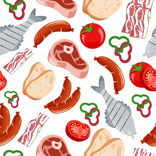 pattern for restaurant or cafe with grilled food namely sausages bacon steak vegetables and fish