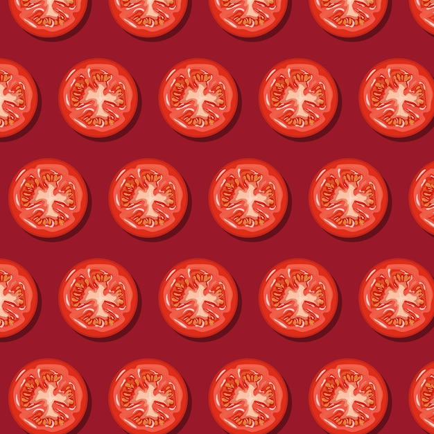 pattern of round pieces of juicy red tomatoes with yellow seeds on a red background