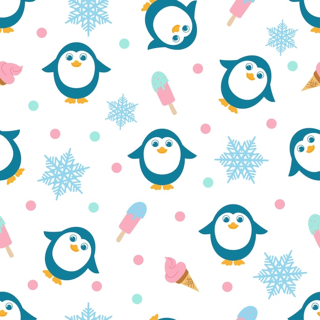 Pattern in scandinavian style. Funny penguins, snowflakes and ice cream on a white background. Web, packaging, paper, textiles, wallpapers, children's room decoration, clothes.