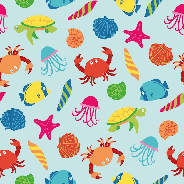 Pattern of the sea for children with inhabitants of the sea shells cute and bright