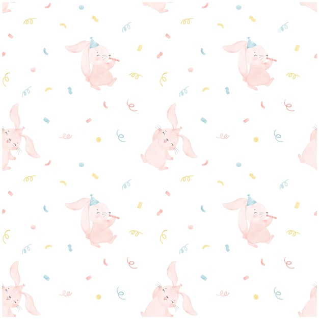 Pattern seamless background baby cute pink bunnies celebrating in party watercolor nursery animal hand draw illustration isolated on white background