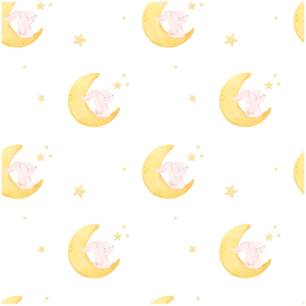 Pattern seamless background cute pink bunny on crescent moon watercolor painting nursery hand drawn isolated on white background illustration vector