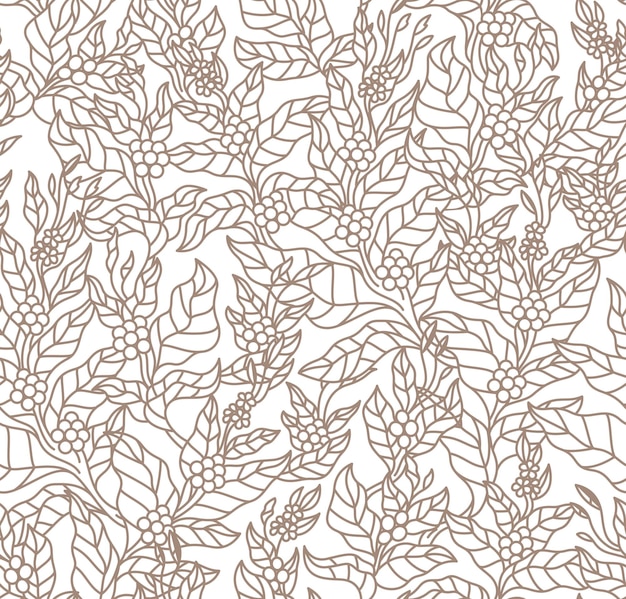 pattern seamless of coffee tree branches with flowers leaves and beans Botany drawing Line art