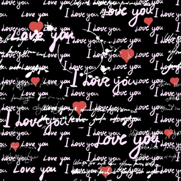 Pattern seamless text I love you hand written words pink hearts Sketch doodle lettering