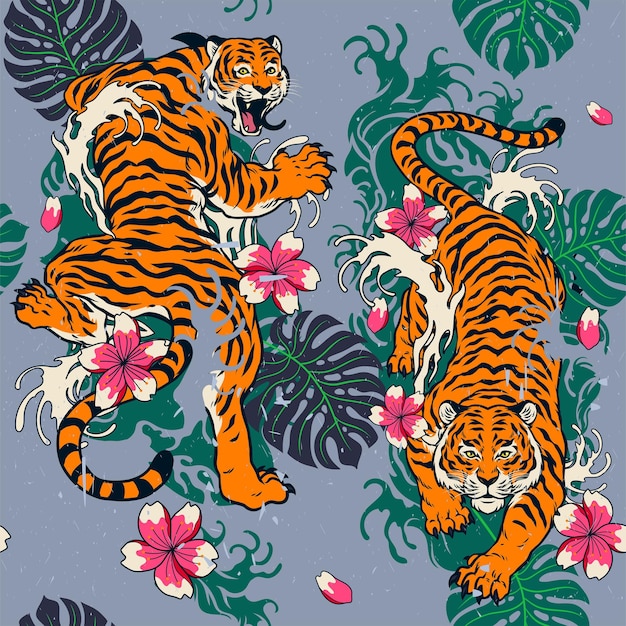 Pattern Seamless Tiger Design in Vintage Style