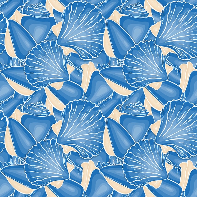 Pattern Seashell hand drawn doodle drawing, blue and beige colors.