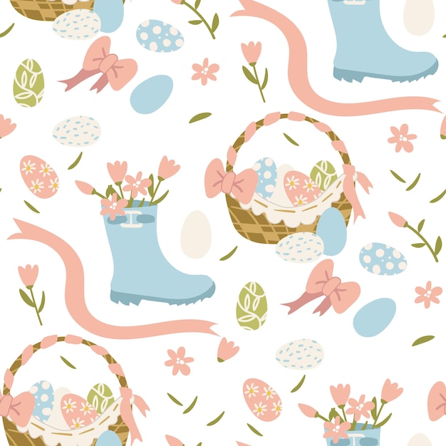 A pattern of a simple pattern with colored eggs in a basket with flowers in a boot and ribbons Easte