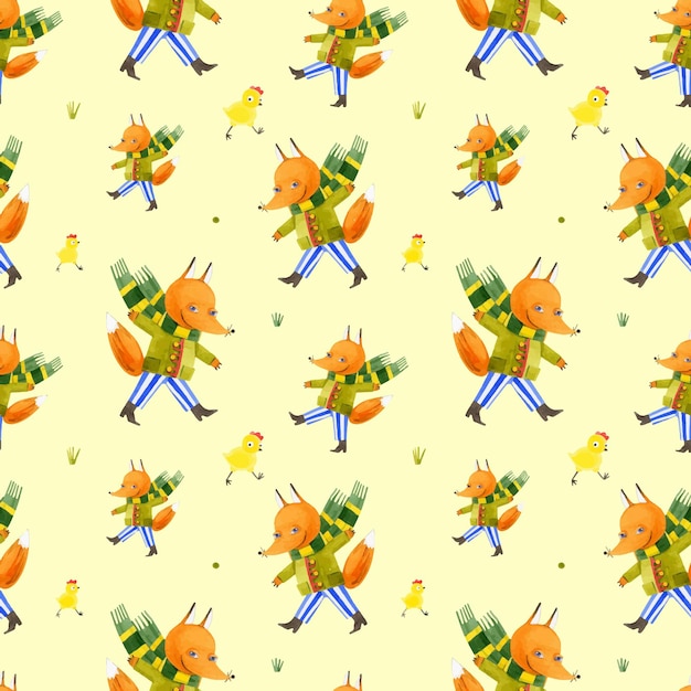 A pattern of sly fox and chickens