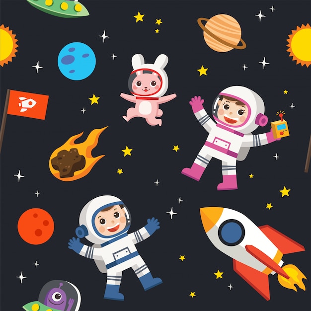 Pattern of space. Space elements. Planet earth, sun and galaxy, spaceship and star, moon and small kids astronaut, pattern illustration.